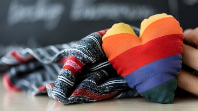Colorful Heart Shaped Plush Toy on Striped Fabric with Background Chalkboard in Cozy Setting