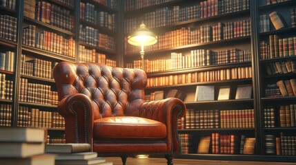 A richly appointed library study with leather armchair.