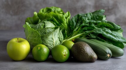 Fresh green vegetables fruits arranged. Healthy eating nutrition symbolized nicely. AI generated