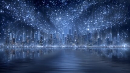 Futuristic City Nightscape  Sparkling Skyline  Snowfall  Reflection