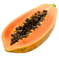Freshly cut ripe papaya fruit revealing seeds isolated on a black background
