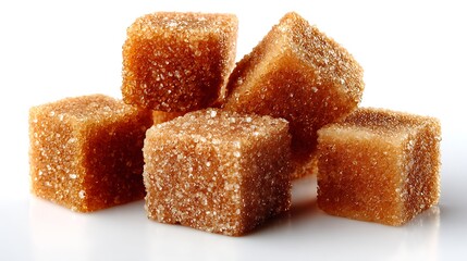 Close up of brown sugar cubes on a white surface showing detailed textures
