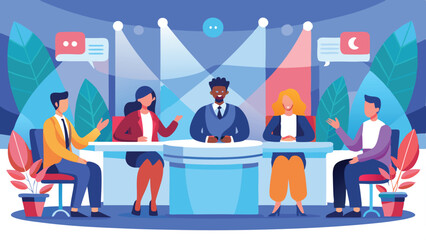 Diverse Panel Discussion with Thought Bubbles, Spotlights, and Indoor Potted Plants Illustration