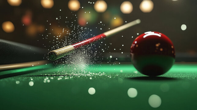  3D close-up of a snooker cue striking the cue ball, focusing on chalk dust particles, cue tip texture, and immediate ball reaction