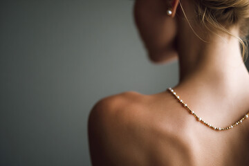 View of the back of a woman with a luxury and delicate pearl necklace over her back