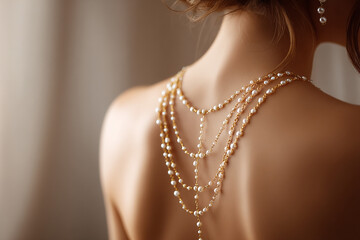 View of the back of a woman with a luxury and delicate pearl necklace over her back