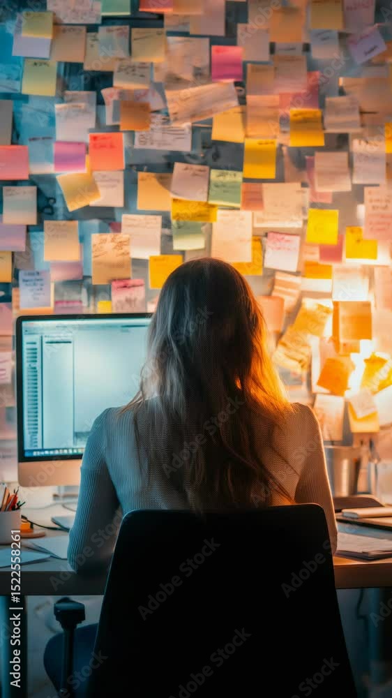 Fototapete Female programmer coding at workstation, colorful sticky note scrum board highlighting agile workflow, bright modern office environment with task management display