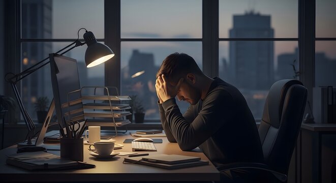 A weary professional faces a challenging work day. Overwhelmed, stressed and frustrated, a person struggles with work in office setting. Capturing the emotions associated with workplace issues.