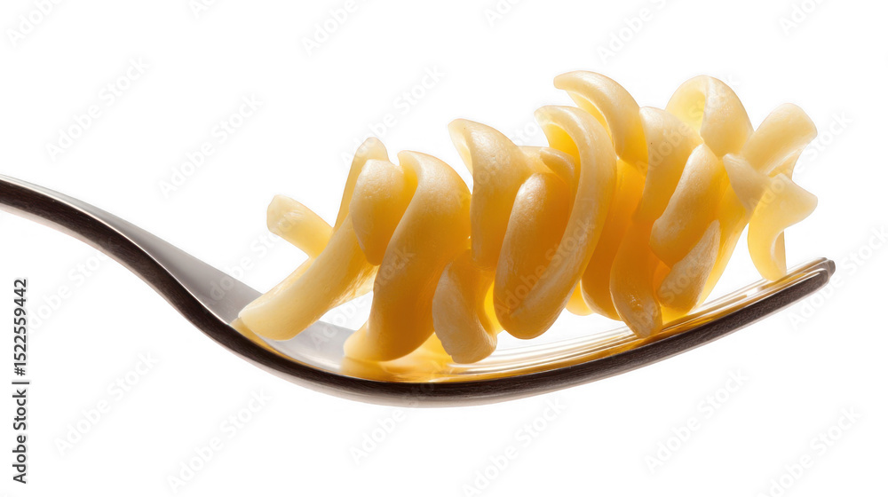 Poster close up of a fork elegantly twirling fusilli pasta, creating a visually appealing presentation agai