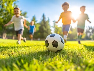 Children Playing Soccer in a Sunny Park