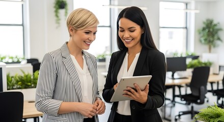 Two professional women engage in collaborative discussion, analyzing data on a digital tablet within a modern office environment, symbolizing teamwork and workplace cooperation.