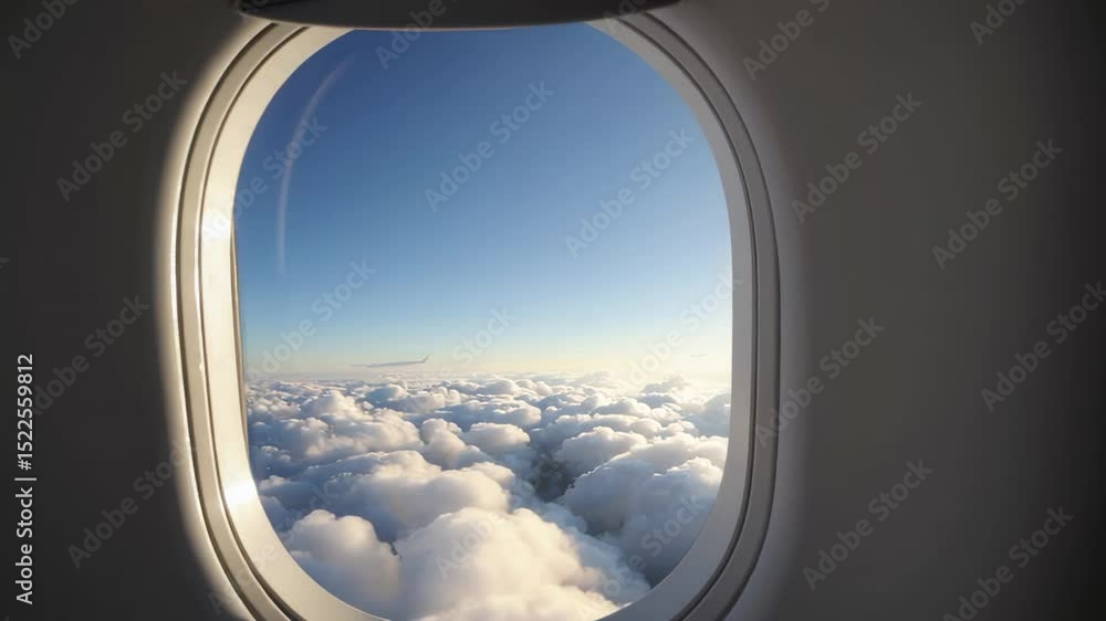 Poster beautiful white cloudscape seen through an airplane porthole window during a flight, with another di