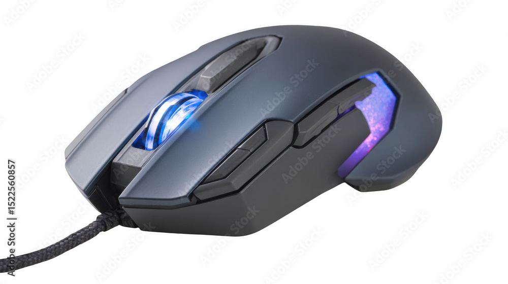 Poster modern gaming mouse featuring an illuminated scroll wheel and buttons, set against a transparent bac