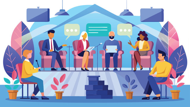 Illustrated Panel Discussion with Diverse Speakers and Audience Members in Modern Setting