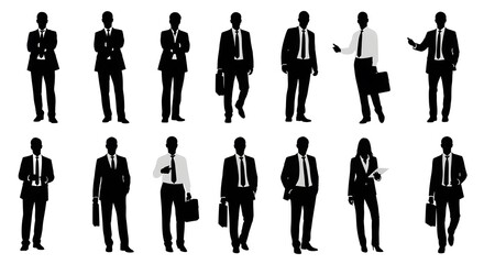 A collection of silhouettes of business individuals in various professional poses, in a high-contrast black and white digital illustration.