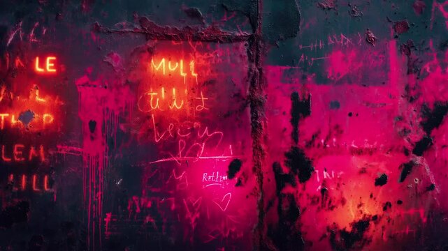 An abstract neon graffiti artwork displayed on a wall, showcasing vibrant pink hues and an urban atmosphere