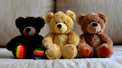 Three Adorable Stuffed Bears Sitting Together on a Soft Surface with Colorful Details and Expressions