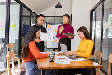 Group of Asian business people working together to presentation with dashboard analysis data management a meeting table in office, Business investment metrics or planning concept. 