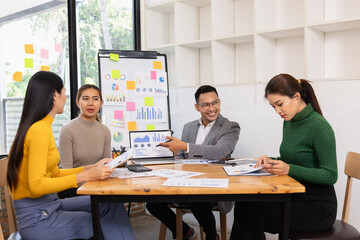 Group of business people working together with dashboard analysis and data management in conference room, Corporate business and dashboard to presentation concept.