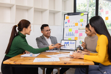 Group of business people working together with dashboard analysis and data management in conference room, Corporate business and dashboard to presentation concept.