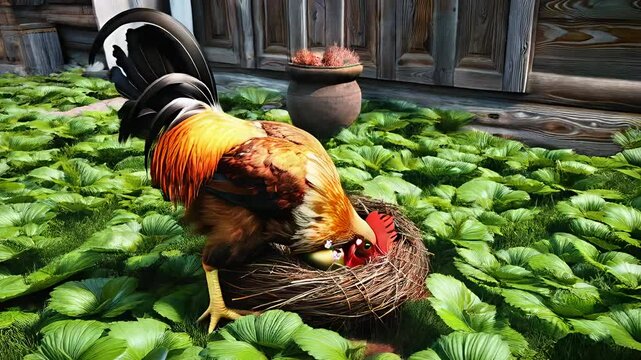 Rooster guarding a golden egg in a symbolic, surreal farm scene. Allegorical concept inspired by classic fables, blending animal behavior with fantasy and metaphor.