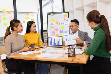 Group of business people working together with dashboard analysis and data management in conference room, Corporate business and dashboard to presentation concept.