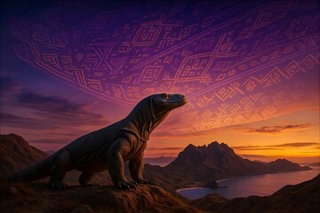 Komodo Dragon at Padar Hill with Tenun NTT Aurora at Sunset – Ethnic Cinematic 3D Art