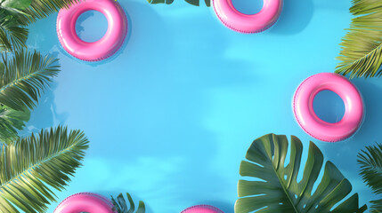 Top-down 3D view of a pool with pink float rings on the water, creating a tropical summer vibe.
