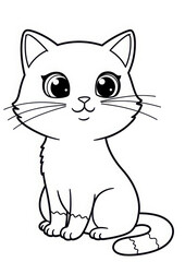 Obraz premium Cartoon cat coloring page with big eyes sitting on the ground 