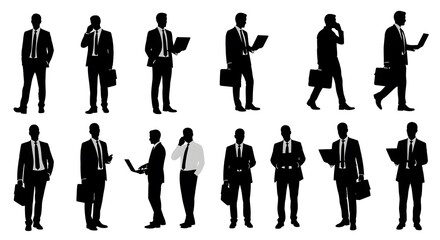 Dynamic silhouettes of various business professionals, capturing a range of activities such as working with a briefcase, talking on phone, and using laptop.