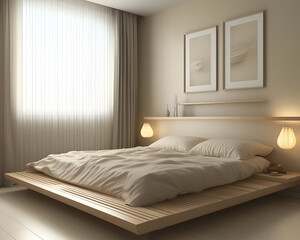 A minimalistic bedroom with clean lines, a simple low bed frame, and a muted palette of beige and grey
