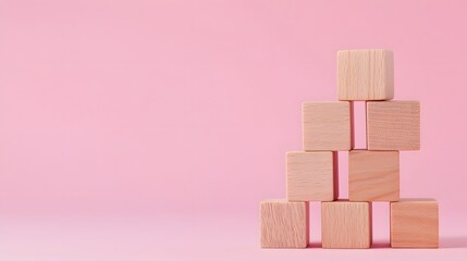 Intricate Arrangement of Stacked Wooden Blocks on a Pink Backdrop Highlighting Balance, Strategy and Creative Educational Ideas with Ample Copy Space