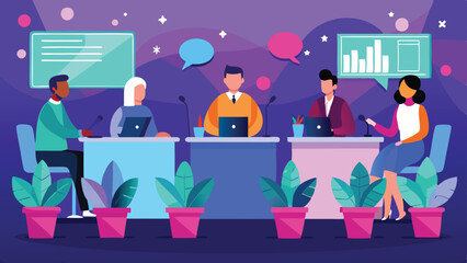 Colorful Illustration of a Panel Discussion with Charts, Speech Bubbles, and Potted Plants