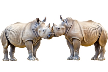 Two white rhinos facing each other, isolated on transparent background