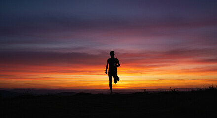Runner’s Silhouette Against Dramatic Sunset on Hilltop
