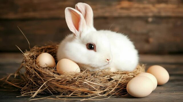 Adorable white rabbit Oryctolagus cuniculus nestled in straw nest with eggs. Easter bunny in cozy nest surrounded by speckled eggs. Perfect Easter image for springtime greetings and holiday cards.