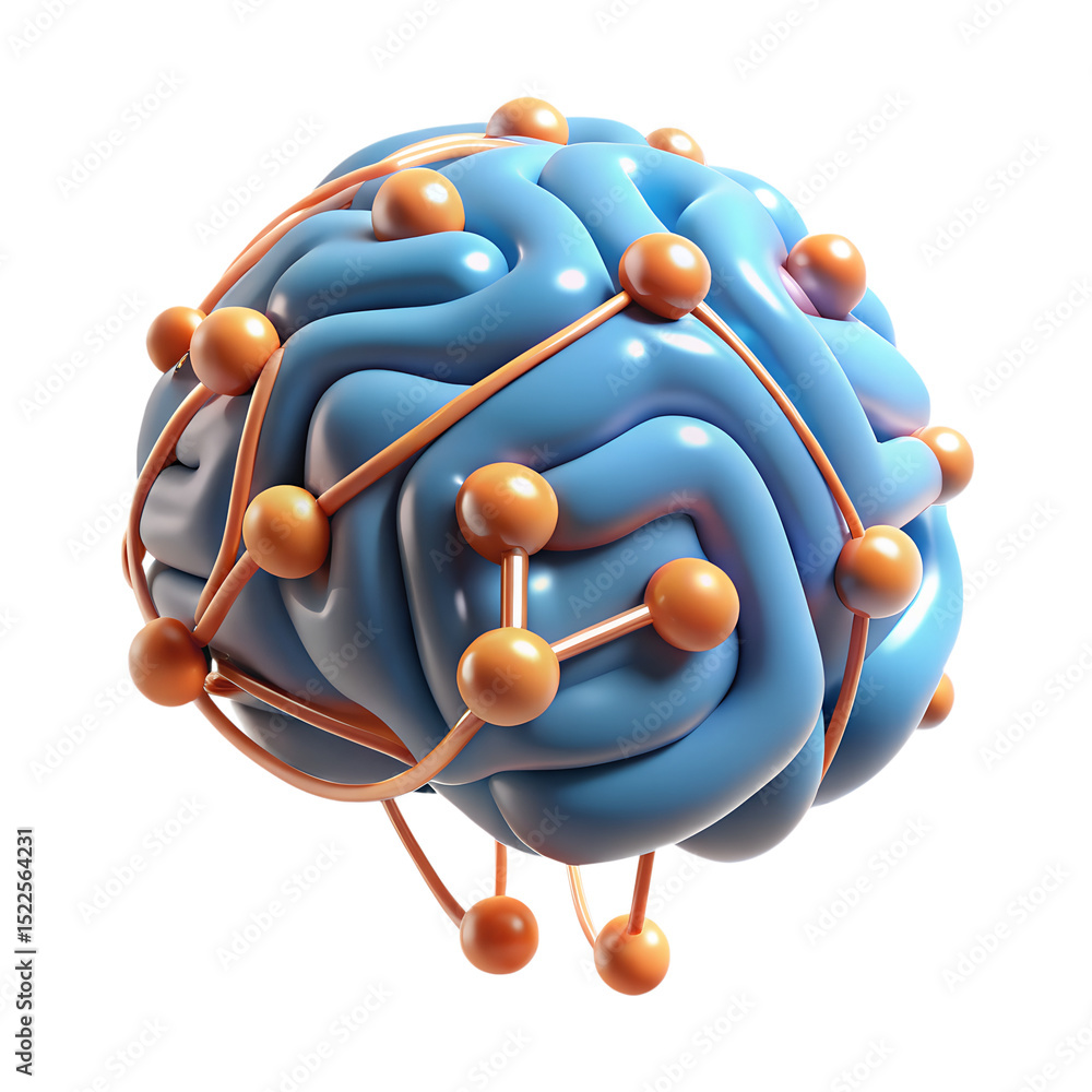 Poster futuristic ai brain network node concept design with connected spheres isolated with white transpare