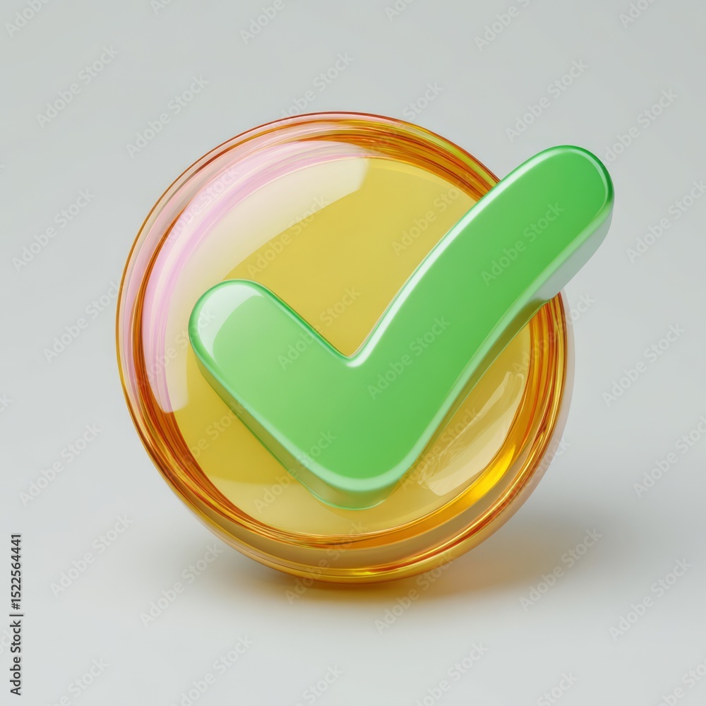 Fototapete glossy green check mark icon in amber circle 3d render high resolution perfect for website design ap