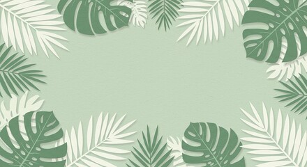 Green And White Tropical Leaf Arrangement With Textured Background Forming Frame