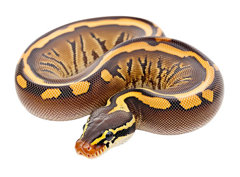 Stunning ball python snake with yellow and black pattern, isolated on transparent background