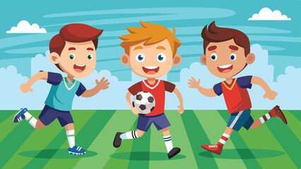 Three Smiling Cartoon Soccer Players Running on a Field with a Ball Under Sky