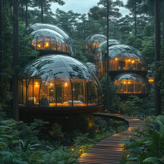 Fototapeta premium Forest house nestled among tall trees with sunlight filtering through the branches.