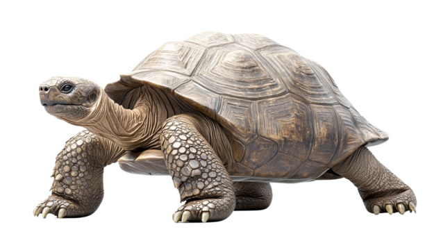 Galapagos tortoise walking forward detailed view, isolated on transparent background