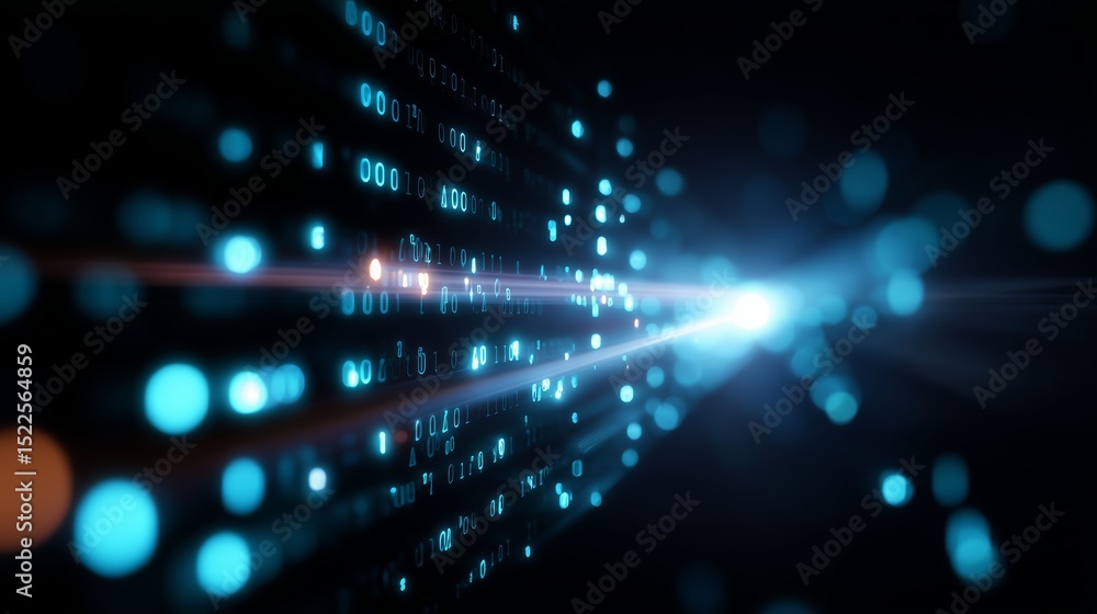 Poster Digital light beams create an abstract representation of data flowing in a dark environment