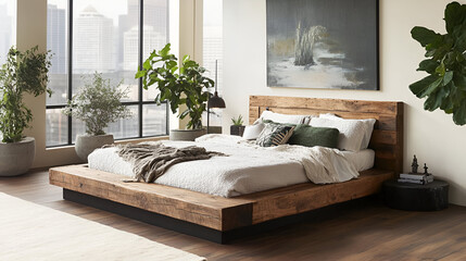 A modern bedroom with a bedframe made of reclaimed wood, soft light tones, and subtle dcor pieces