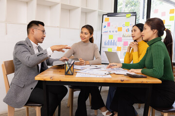 Group of business people working together with dashboard analysis and data management in conference room, Corporate business and dashboard to presentation concept.