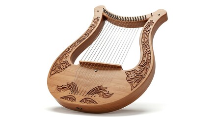 Intricately Carved Wooden Lyre on White Background Depicting Musical Heritage