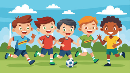 Cartoon Boys Playing Soccer Together in Colorful Uniforms Outdoors with Blue Sky