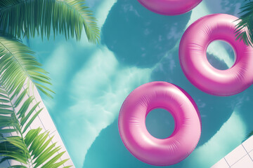 Top-down 3D view of a pool with pink float rings on the water, creating a tropical summer vibe.
