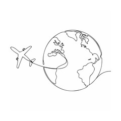 Minimalist one line drawing depicting airplane flying around planet earth for travel